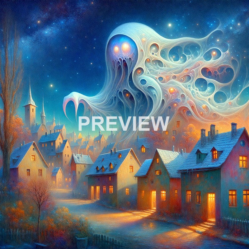 A surreal, fantastical scene of a small village at night with glowing windows, under a starry sky featuring a massive, ghostly, swirling creature with glowing eyes and multiple eyes, blending into the cosmic background.